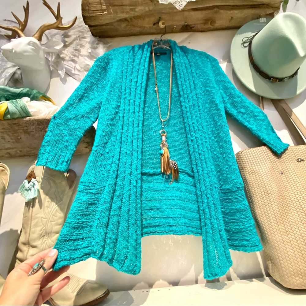 Aqua boho knit cardigan sweater w resort vacay beach vibe